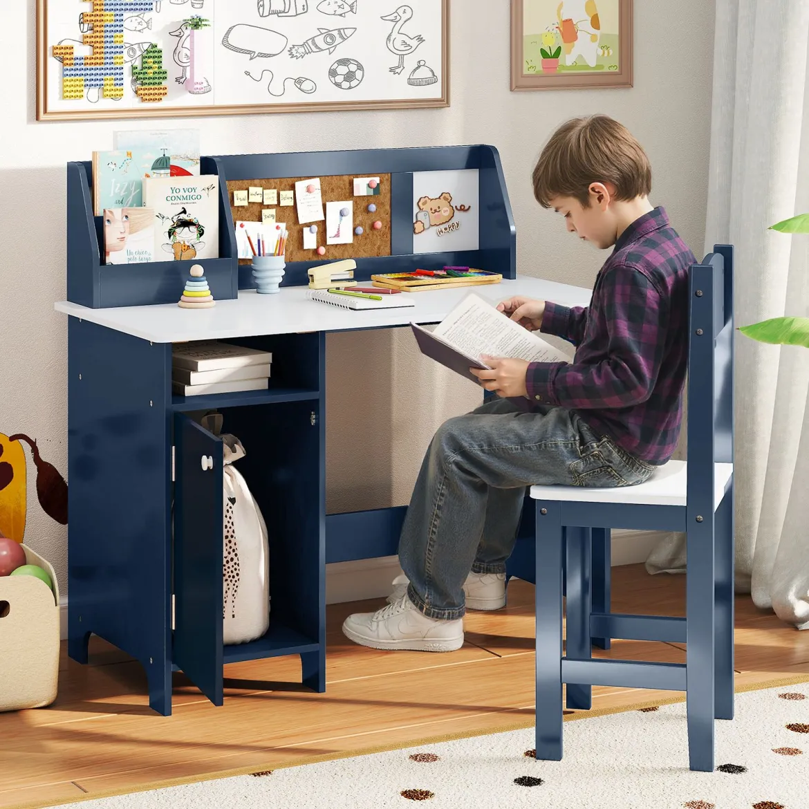 Kinderschreibtisch Set Schreibtisch Kinder mit Stuhl aus Holz Schülerschreibtisch mit Bücherregal Blau