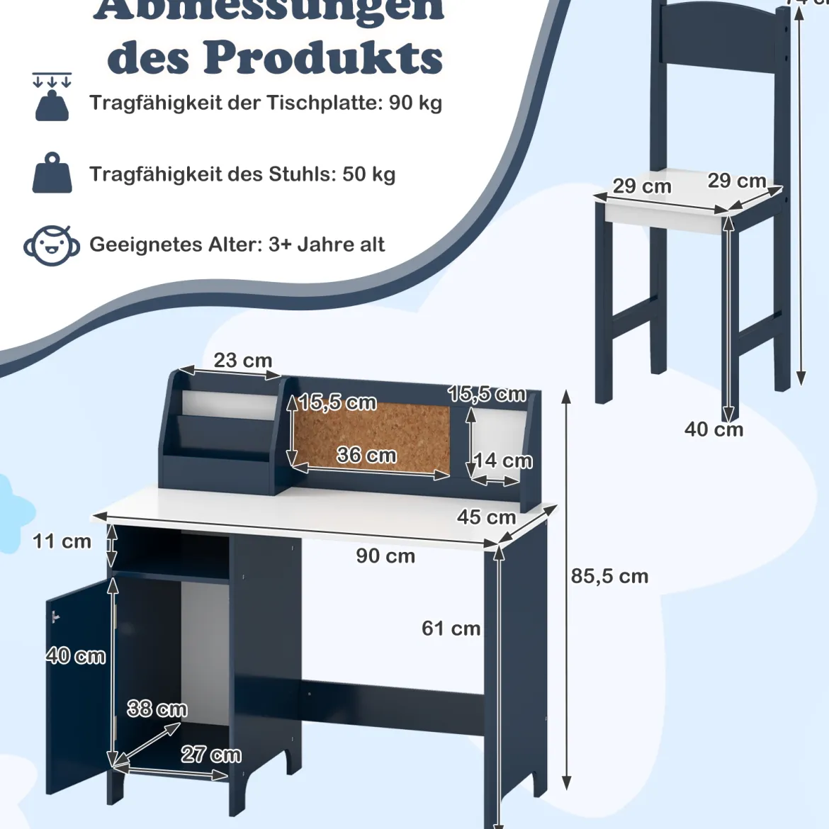 Kinderschreibtisch Set Schreibtisch Kinder mit Stuhl aus Holz Schülerschreibtisch mit Bücherregal Blau