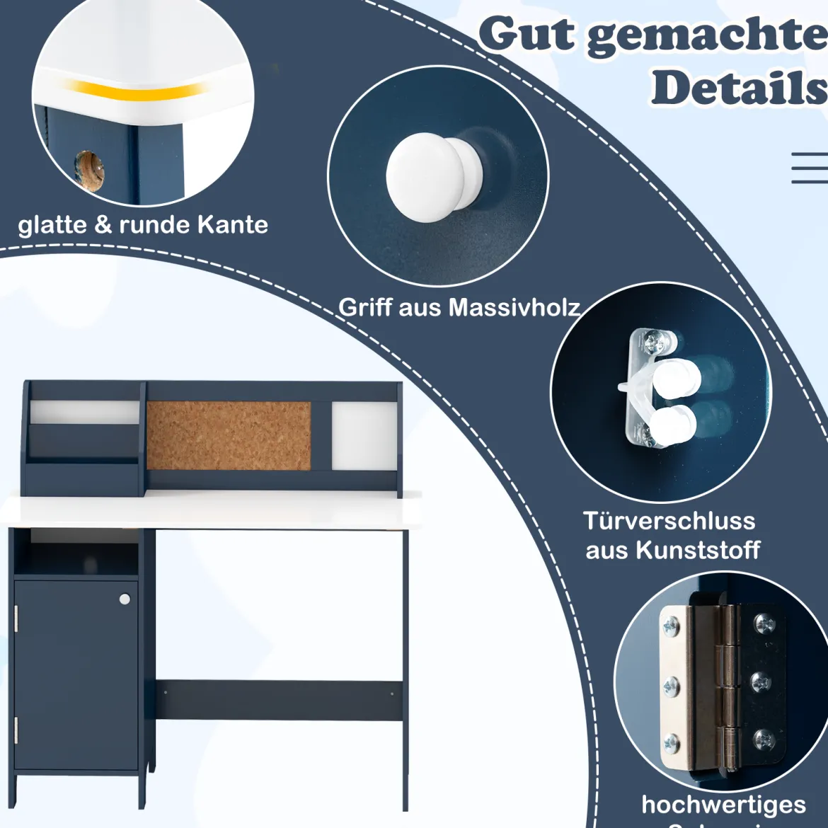 Kinderschreibtisch Set Schreibtisch Kinder mit Stuhl aus Holz Schülerschreibtisch mit Bücherregal Blau