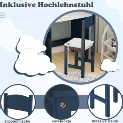 Kinderschreibtisch Set Schreibtisch Kinder mit Stuhl aus Holz Schülerschreibtisch mit Bücherregal Blau