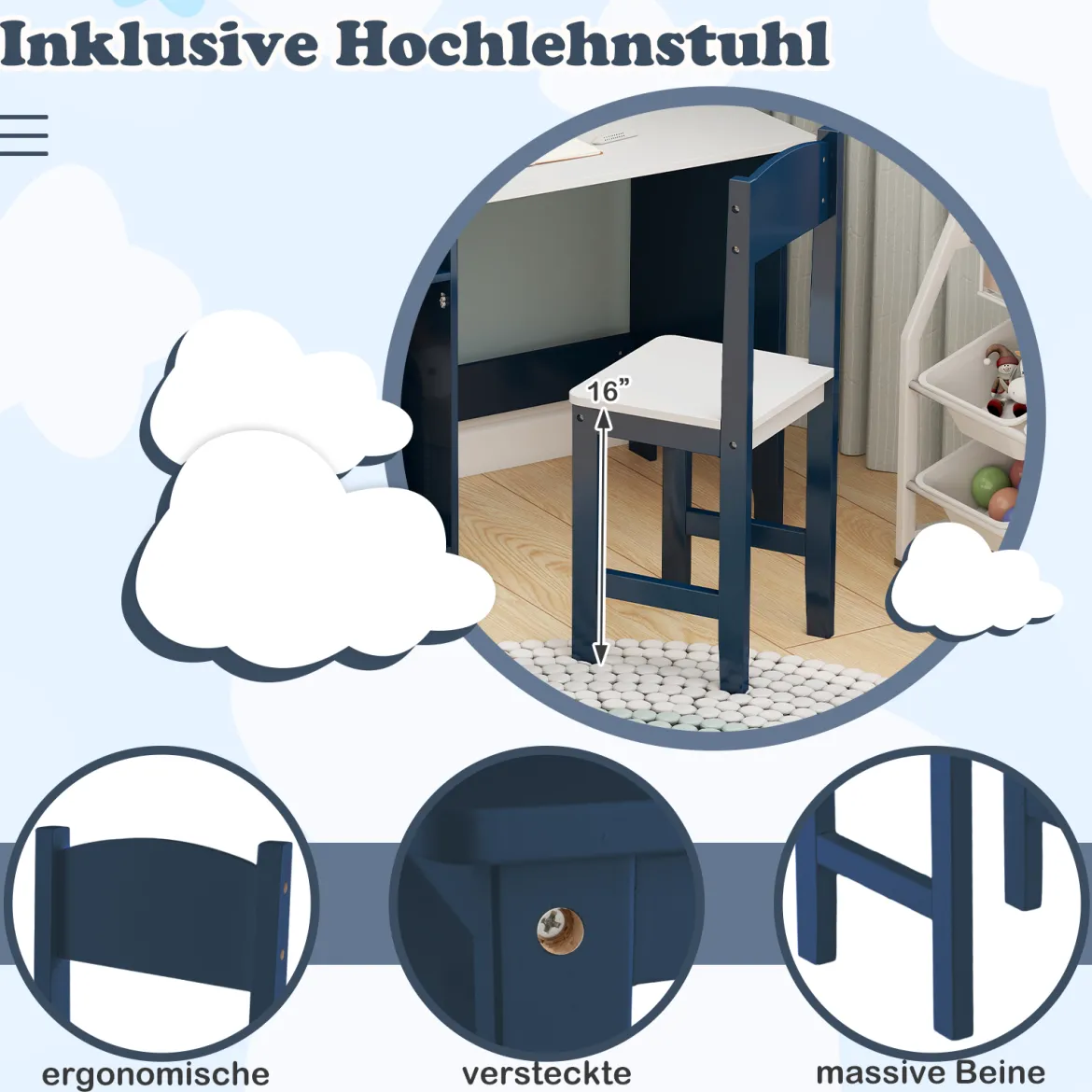 Kinderschreibtisch Set Schreibtisch Kinder mit Stuhl aus Holz Schülerschreibtisch mit Bücherregal Blau