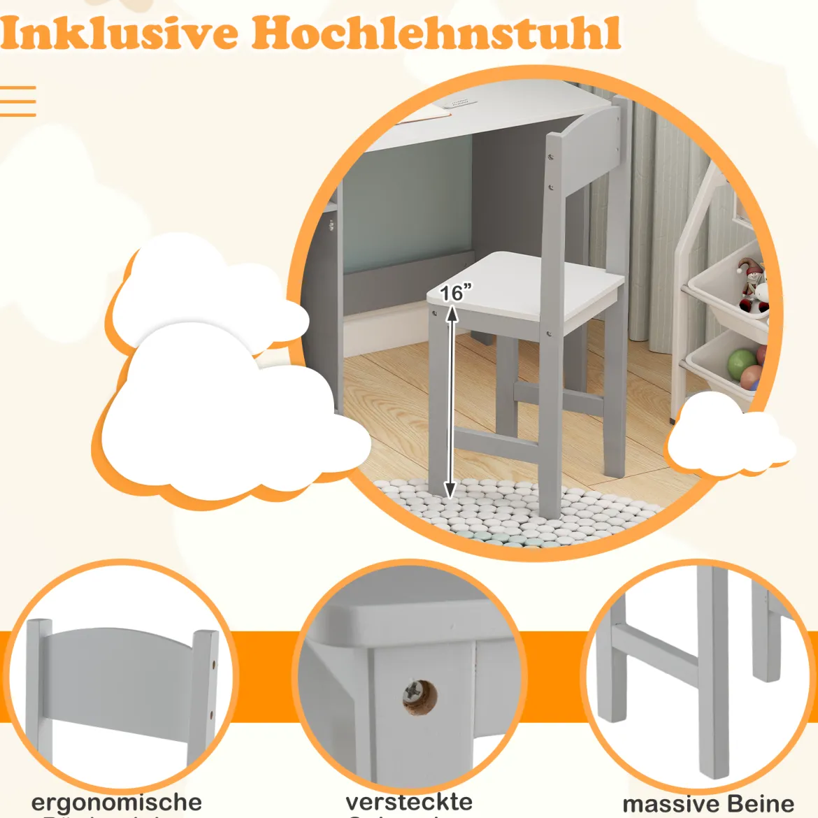 Kinderschreibtisch Set Schreibtisch Kinder mit Stuhl aus Holz Schülerschreibtisch mit Bücherregal Grau