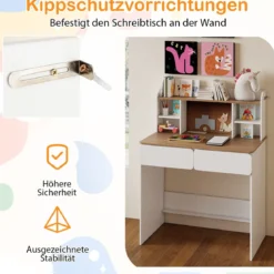 Kinderschreibtisch stabiler Holzschreibtisch mit Kork-Pinnwand Ladestation geräumigem Schreibtisch Weiß