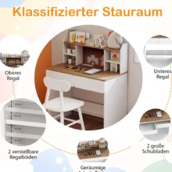 Kinderschreibtisch stabiler Holzschreibtisch mit Kork-Pinnwand Ladestation geräumigem Schreibtisch Weiß