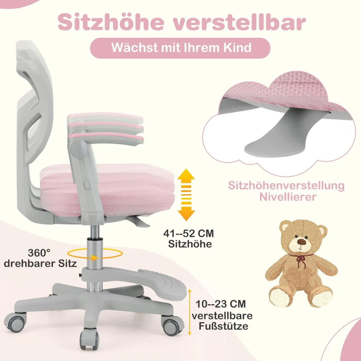 Kinder Schreibtischstuhl mit 41-52 cm Höhenverstellbarer Sitzhöhe Kinderdrehstuhl mit Rollen Rosa