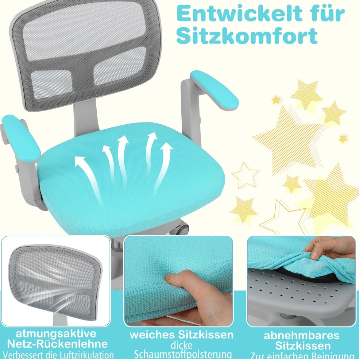 Kinder Schreibtischstuhl mit 41-52 cm Höhenverstellbarer Sitzhöhe Kinderdrehstuhl mit Rollen Türkis