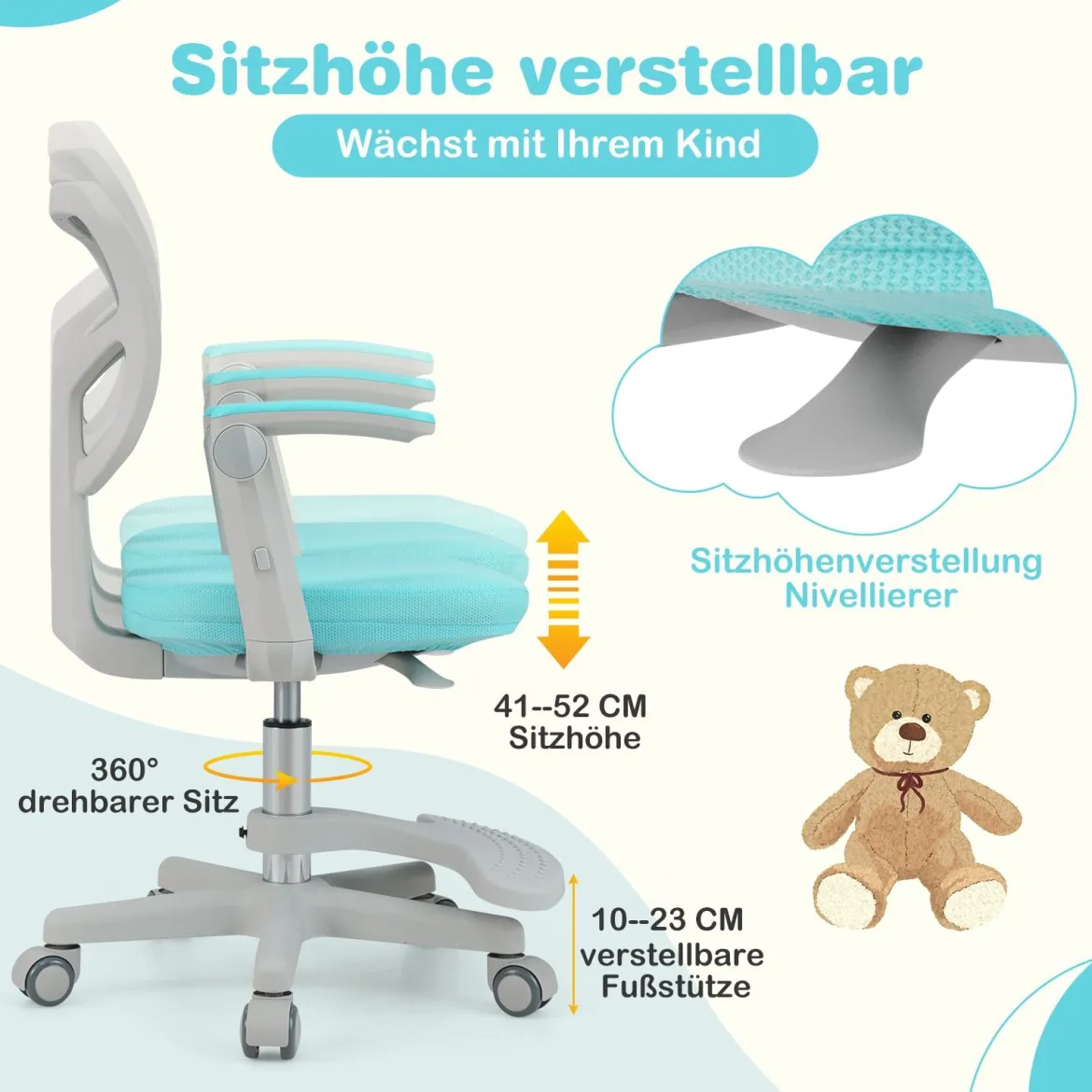 Kinder Schreibtischstuhl mit 41-52 cm Höhenverstellbarer Sitzhöhe Kinderdrehstuhl mit Rollen Türkis