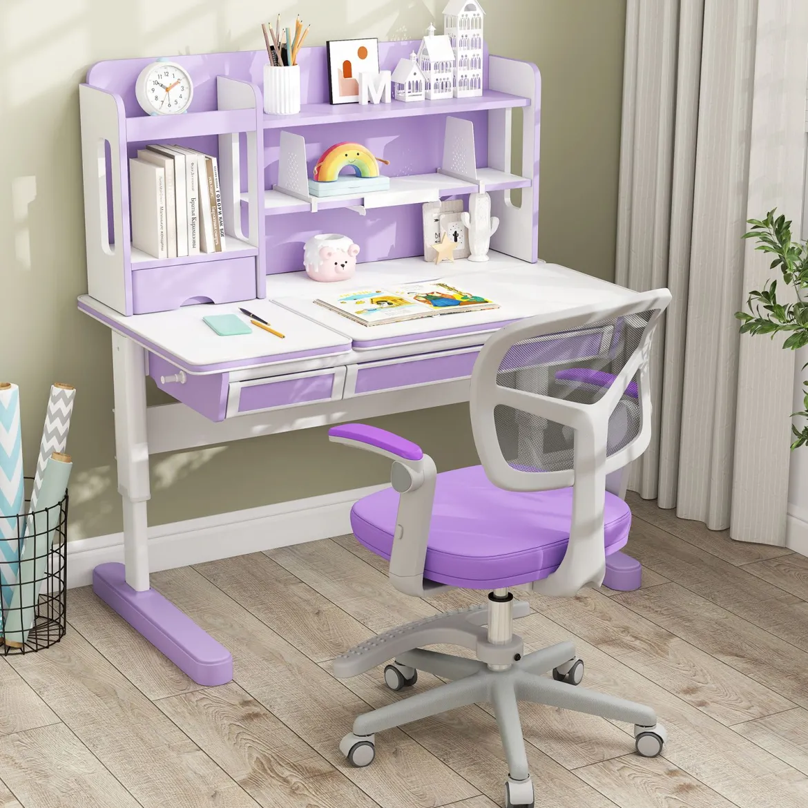 Kinder Schreibtischstuhl mit 41-52 cm Höhenverstellbarer Sitzhöhe Kinderdrehstuhl mit Rollen Violett