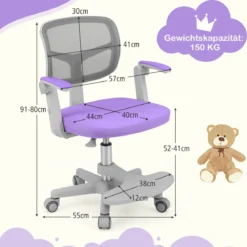 Kinder Schreibtischstuhl mit 41-52 cm Höhenverstellbarer Sitzhöhe Kinderdrehstuhl mit Rollen Violett