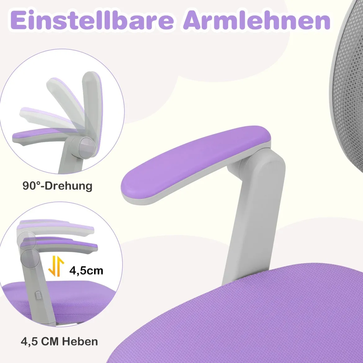 Kinder Schreibtischstuhl mit 41-52 cm Höhenverstellbarer Sitzhöhe Kinderdrehstuhl mit Rollen Violett