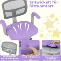 Kinder Schreibtischstuhl mit 41-52 cm Höhenverstellbarer Sitzhöhe Kinderdrehstuhl mit Rollen Violett