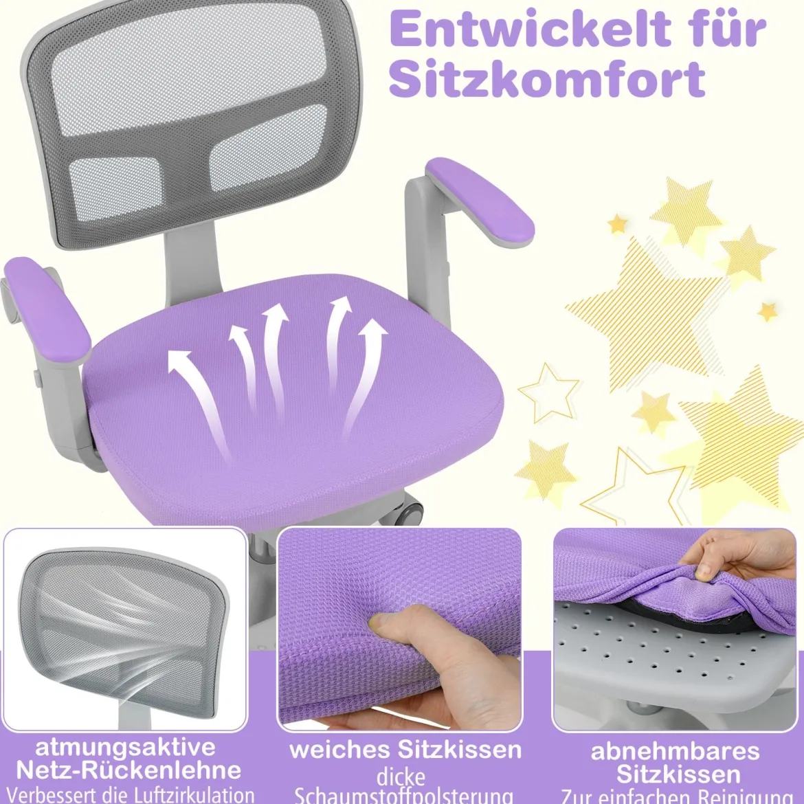 Kinder Schreibtischstuhl mit 41-52 cm Höhenverstellbarer Sitzhöhe Kinderdrehstuhl mit Rollen Violett