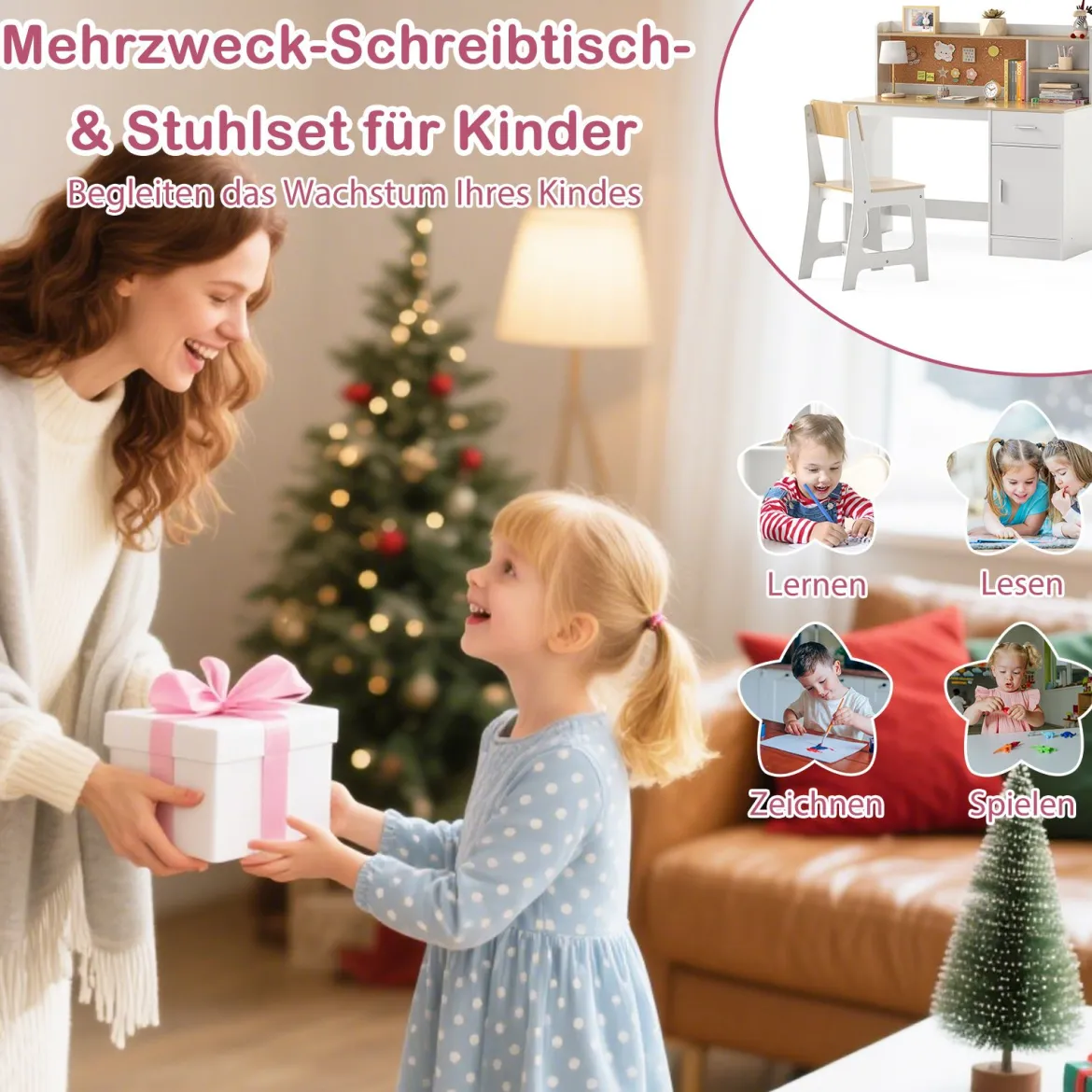 Kinderschreibtisch & Stuhl Set Kinder Schreibtisch aus Holz mit Regalen & Schublade Natur