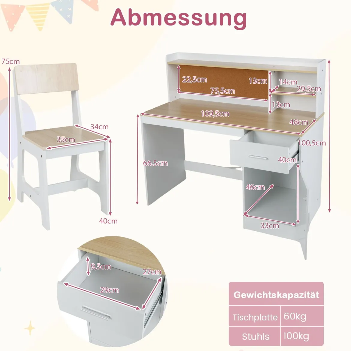 Kinderschreibtisch & Stuhl Set Kinder Schreibtisch aus Holz mit Regalen & Schublade Natur
