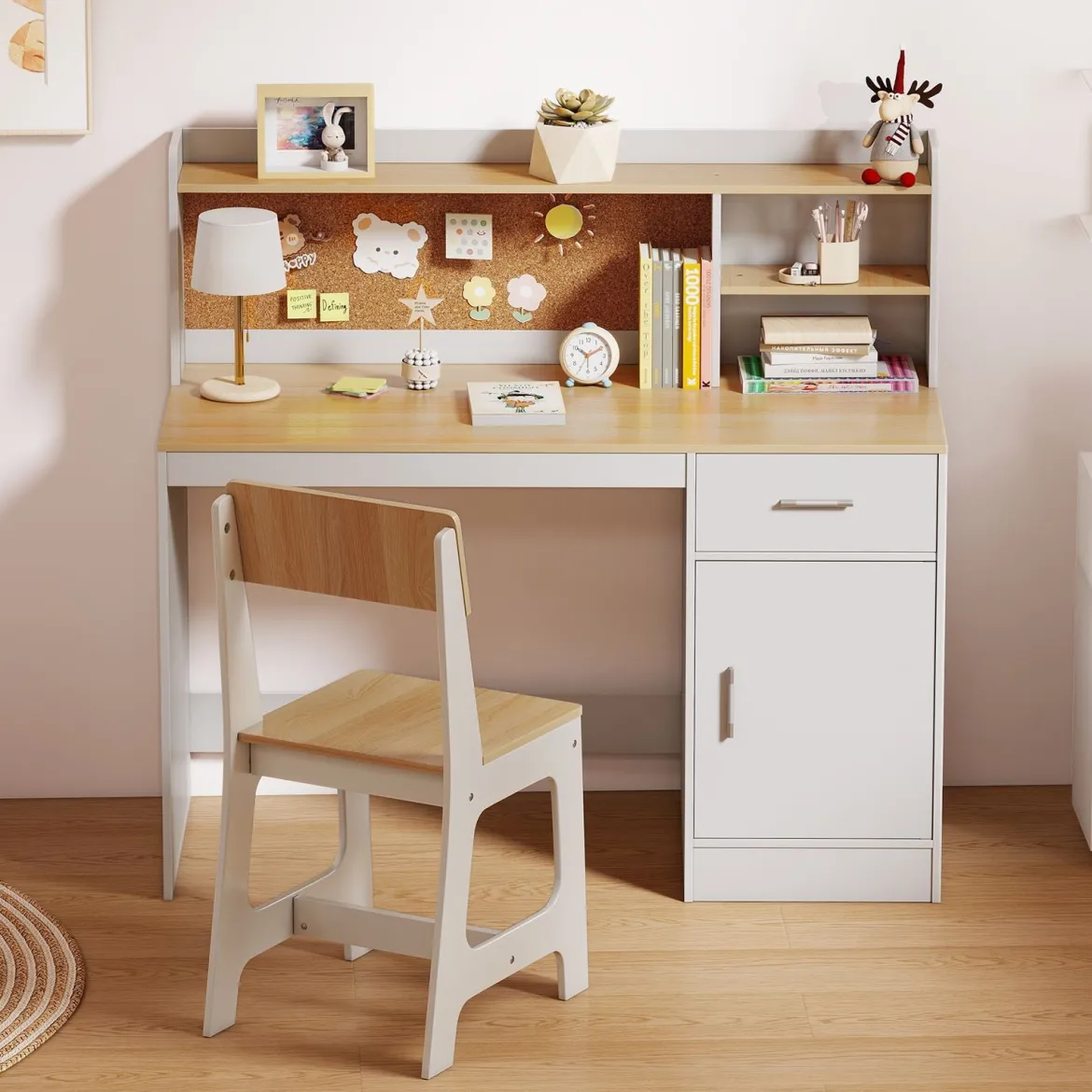 Kinderschreibtisch & Stuhl Set Kinder Schreibtisch aus Holz mit Regalen & Schublade Natur