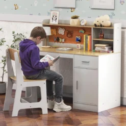 Kinderschreibtisch & Stuhl Set Kinder Schreibtisch aus Holz mit Regalen & Schublade Natur