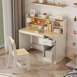 Kinderschreibtisch & Stuhl Set Kinder Schreibtisch aus Holz mit Regalen & Schublade Natur