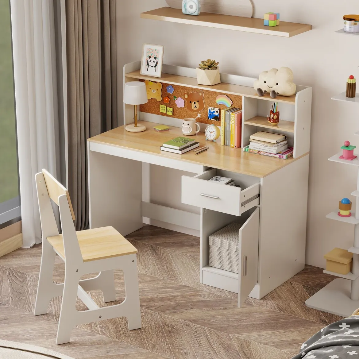 Kinderschreibtisch & Stuhl Set Kinder Schreibtisch aus Holz mit Regalen & Schublade Natur