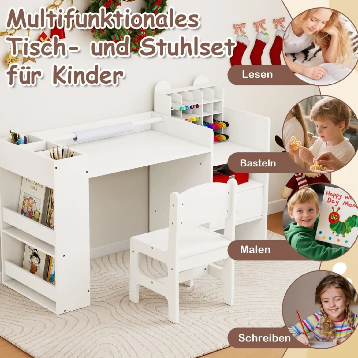 Kinder Schreibtisch- & Stuhl-Set mit Abnehmbarem Papierrollenhalter Maltisch Weiß