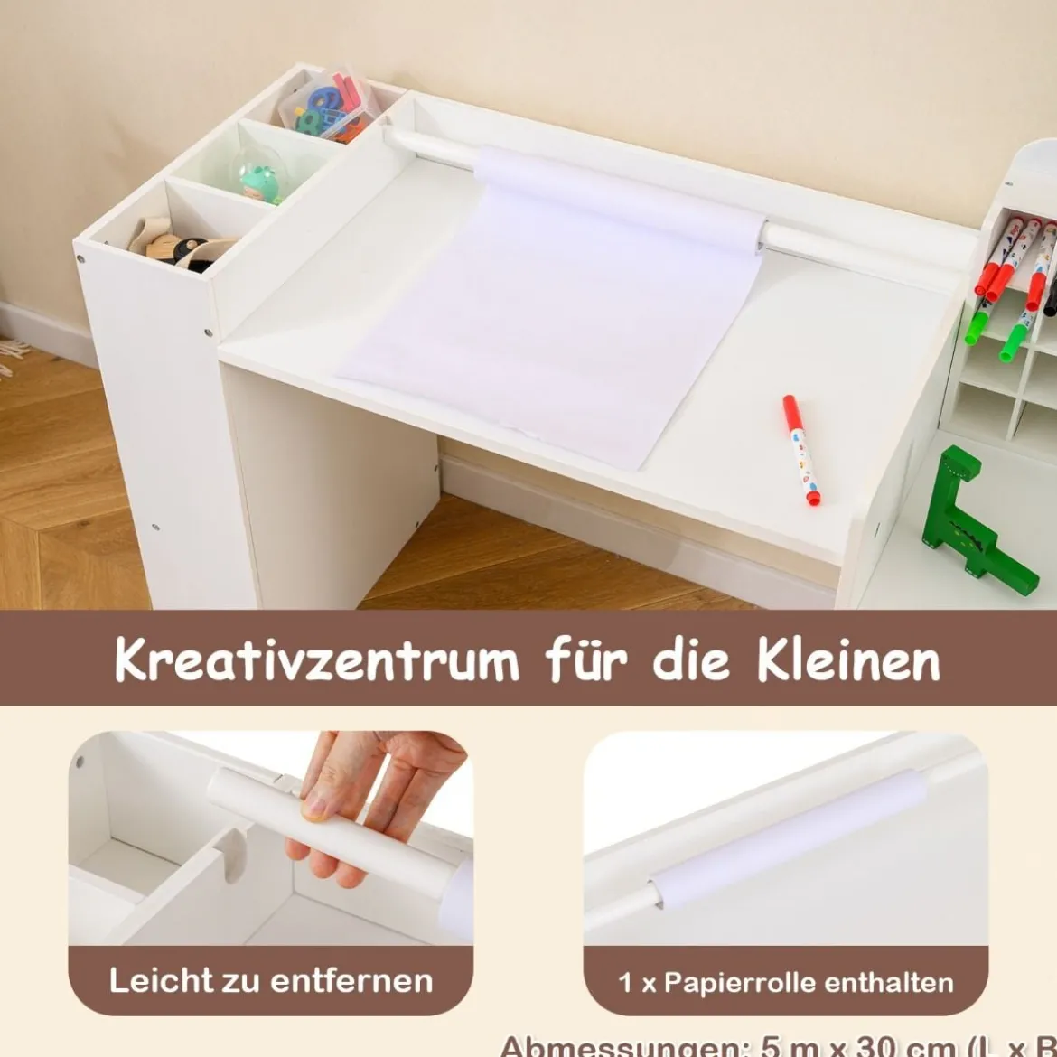Kinder Schreibtisch- & Stuhl-Set mit Abnehmbarem Papierrollenhalter Maltisch Weiß