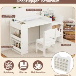 Kinder Schreibtisch- & Stuhl-Set mit Abnehmbarem Papierrollenhalter Maltisch Weiß