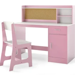Kinderschreibtisch & Stuhl Set Holz Kinder Schreibtisch mit Regalen & Schublade Rosa
