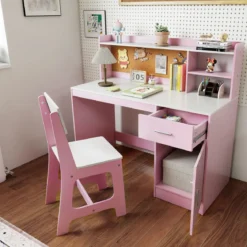 Kinderschreibtisch & Stuhl Set Holz Kinder Schreibtisch mit Regalen & Schublade Rosa