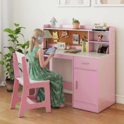 Kinderschreibtisch & Stuhl Set Holz Kinder Schreibtisch mit Regalen & Schublade Rosa