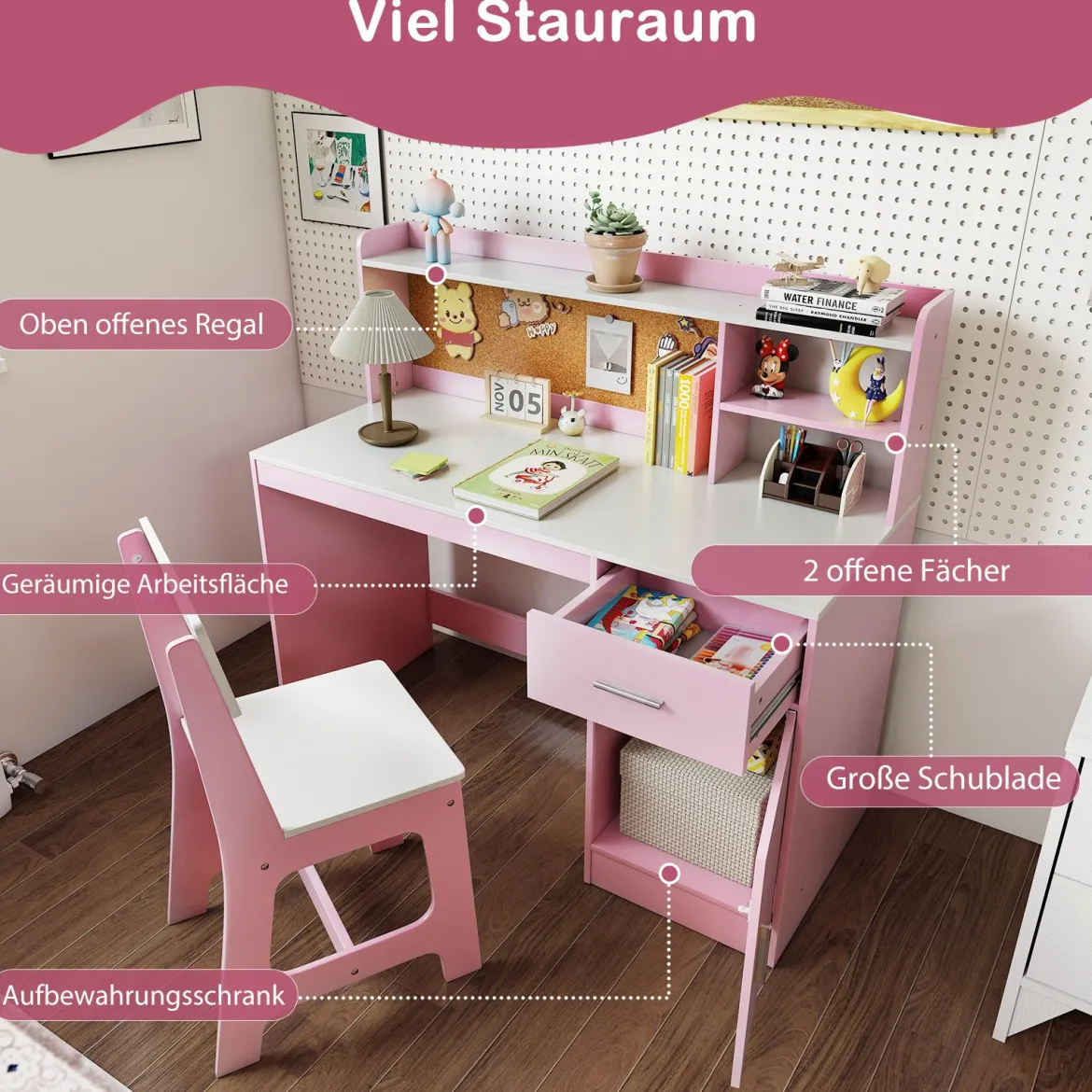 Kinderschreibtisch & Stuhl Set Holz Kinder Schreibtisch mit Regalen & Schublade Rosa