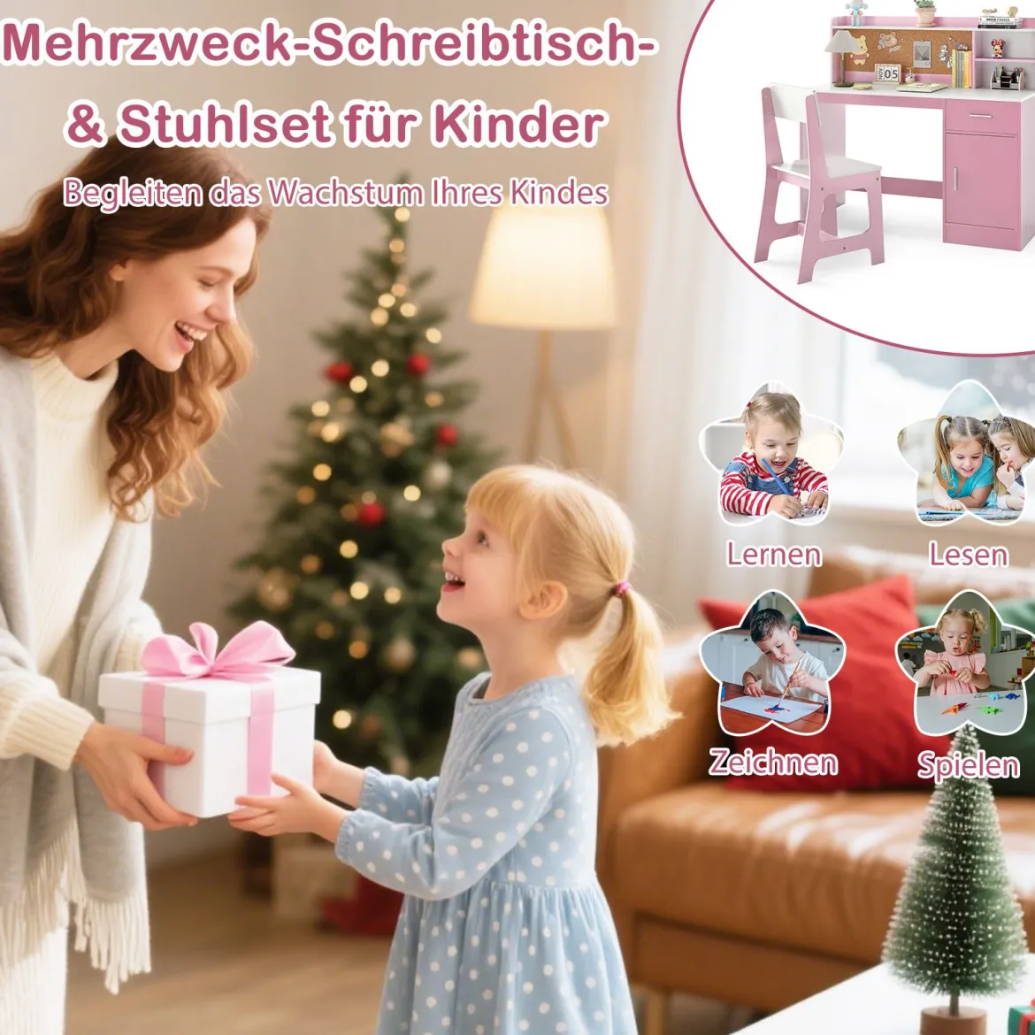 Kinderschreibtisch & Stuhl Set Holz Kinder Schreibtisch mit Regalen & Schublade Rosa