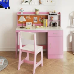 Kinderschreibtisch & Stuhl Set Holz Kinder Schreibtisch mit Regalen & Schublade Rosa