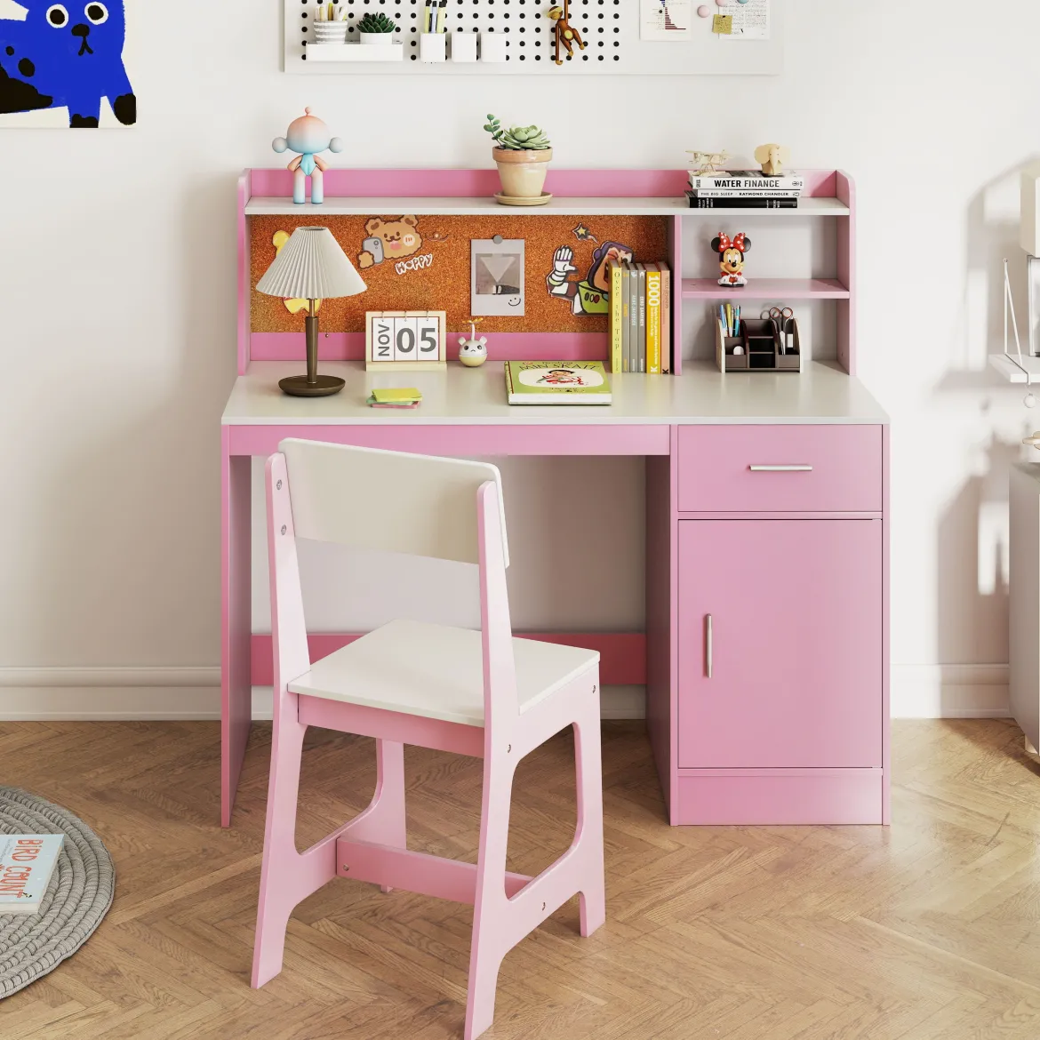Kinderschreibtisch & Stuhl Set Holz Kinder Schreibtisch mit Regalen & Schublade Rosa