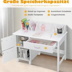 Kinderschreibtisch- und Stuhl-Set Studiertisch mit Schublade und Aufbewahrungsschränken Weiß