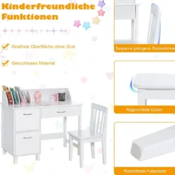 Kinderschreibtisch- und Stuhl-Set Studiertisch mit Schublade und Aufbewahrungsschränken Weiß