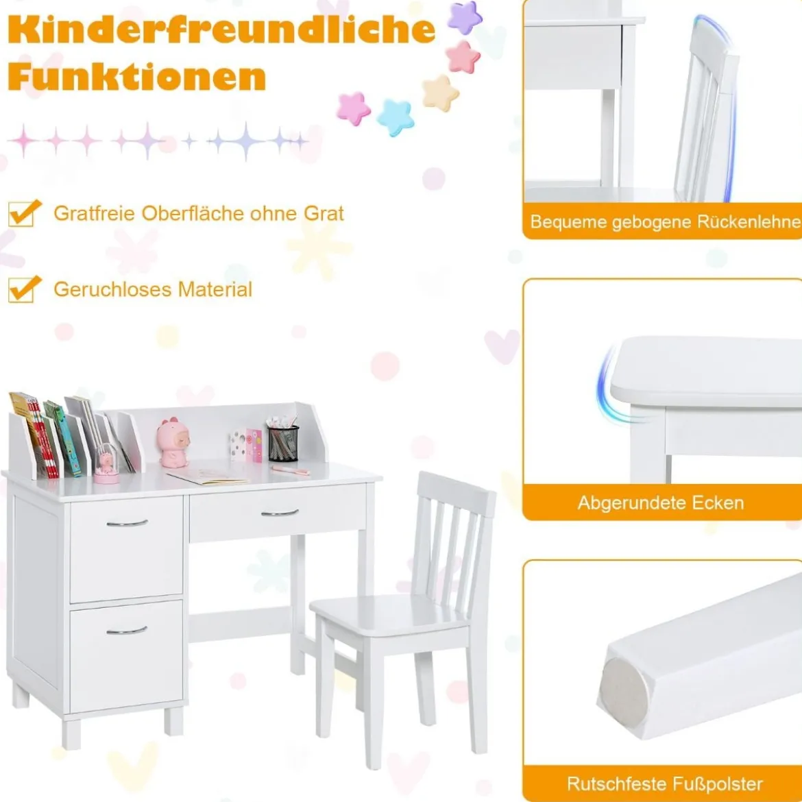 Kinderschreibtisch- und Stuhl-Set Studiertisch mit Schublade und Aufbewahrungsschränken Weiß