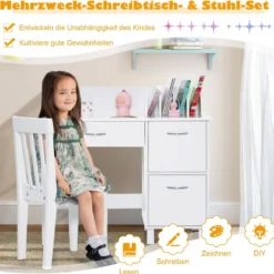 Kinderschreibtisch- und Stuhl-Set Studiertisch mit Schublade und Aufbewahrungsschränken Weiß