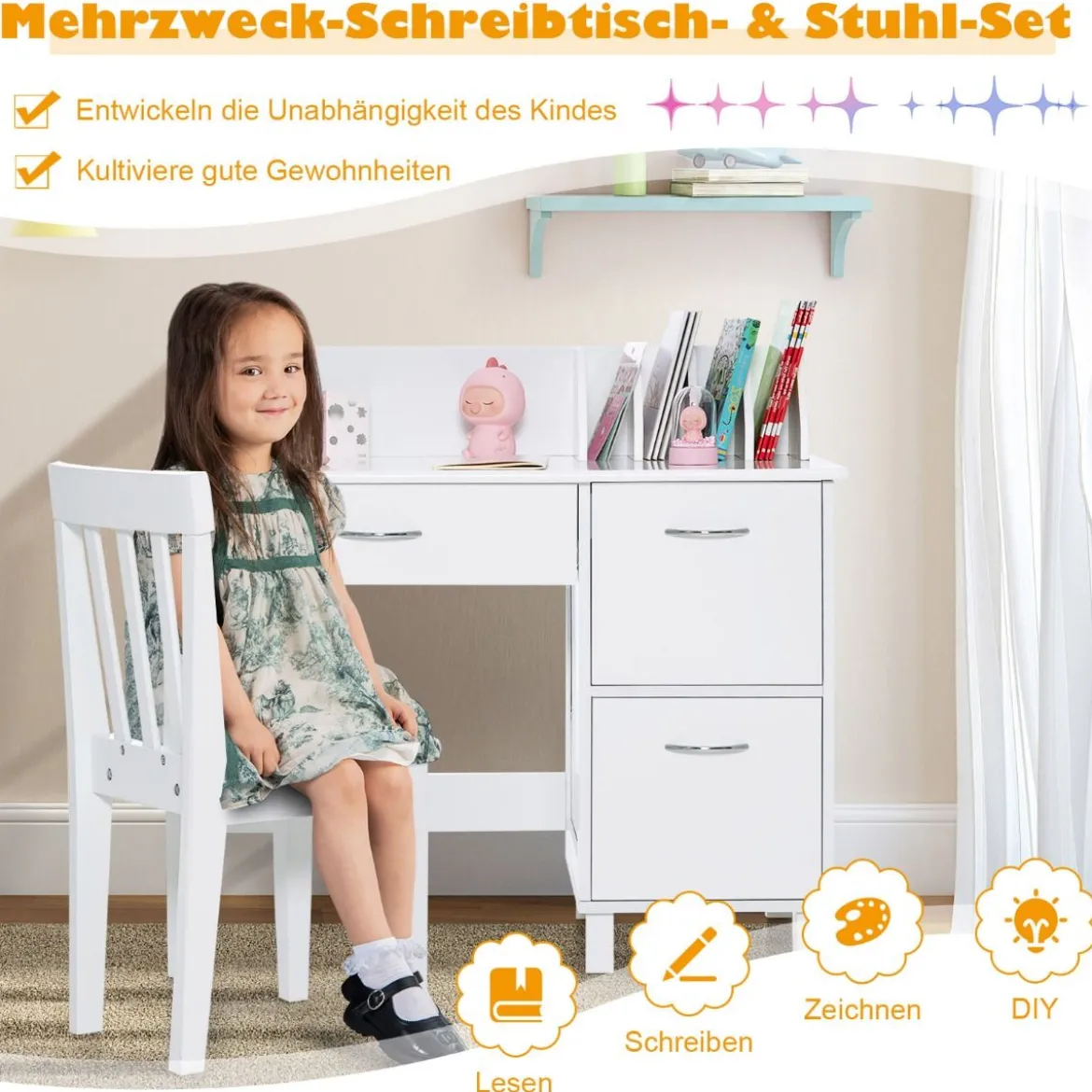 Kinderschreibtisch- und Stuhl-Set Studiertisch mit Schublade und Aufbewahrungsschränken Weiß