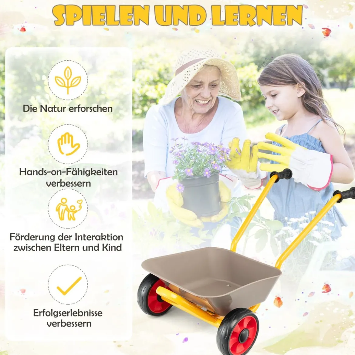 Kinder-Schubkarre mit Metallkonstruktion 2-Rad-Spielzeugwagenfür Jungen & Mädchen ab 2 J.