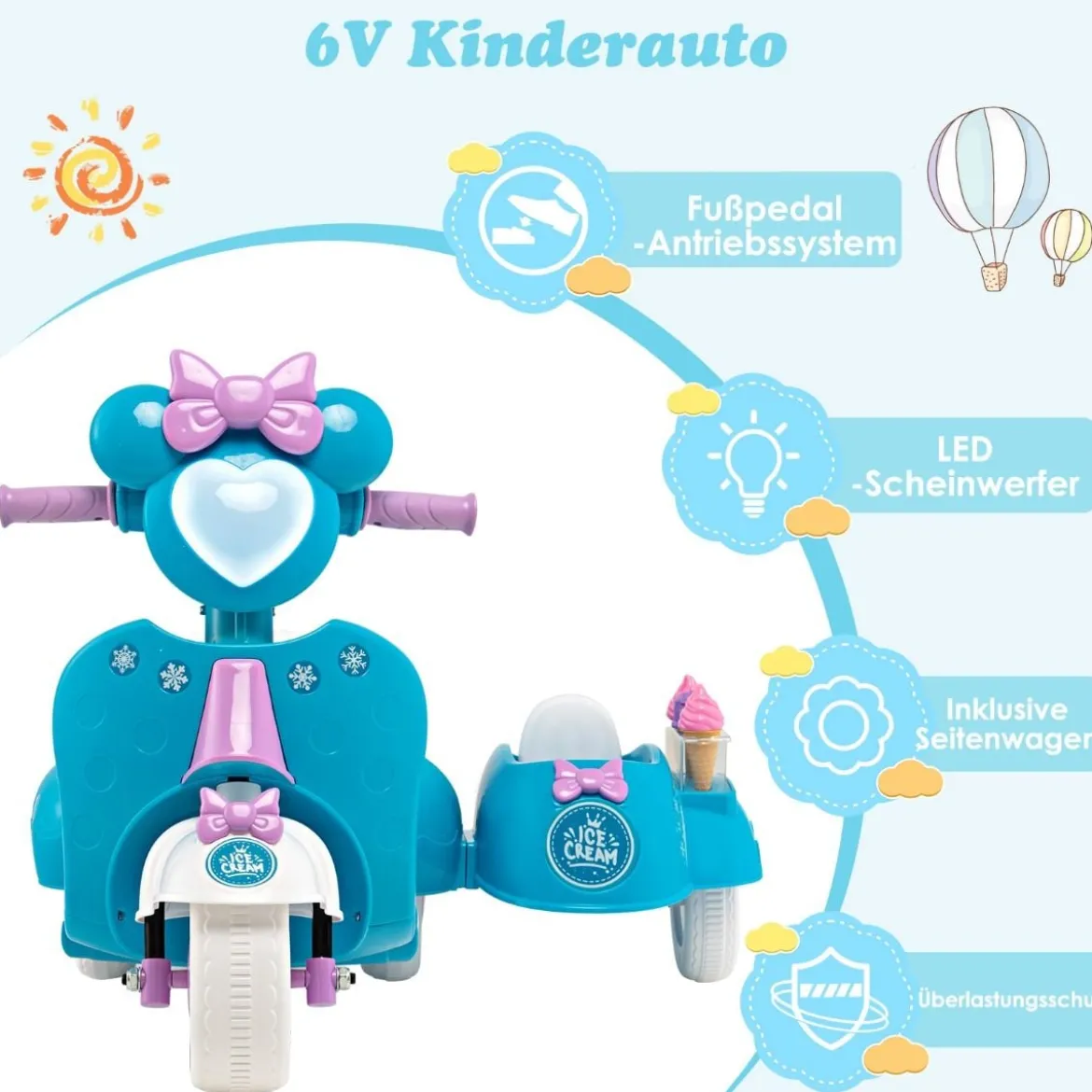 Kinder-Scooter 6V Kinderauto Batteriebetriebenes Motorrad für Kinder Beiwagen Blau