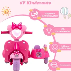 Kinder-Scooter 6V Kinderauto Batteriebetriebenes Motorrad für Kinder Beiwagen Rosa