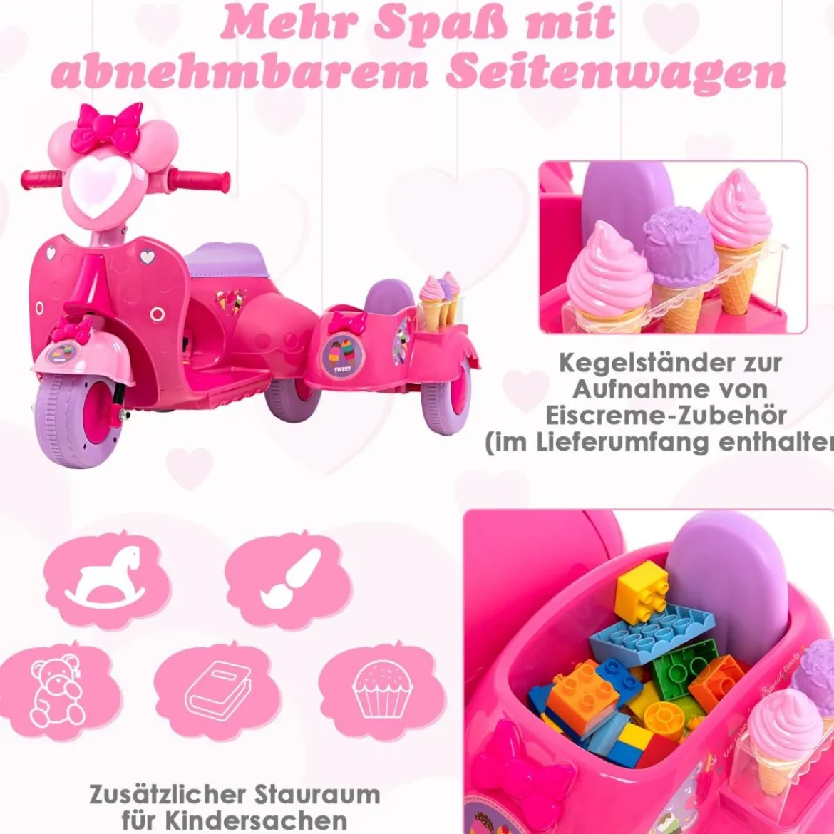 Kinder-Scooter 6V Kinderauto Batteriebetriebenes Motorrad für Kinder Beiwagen Rosa