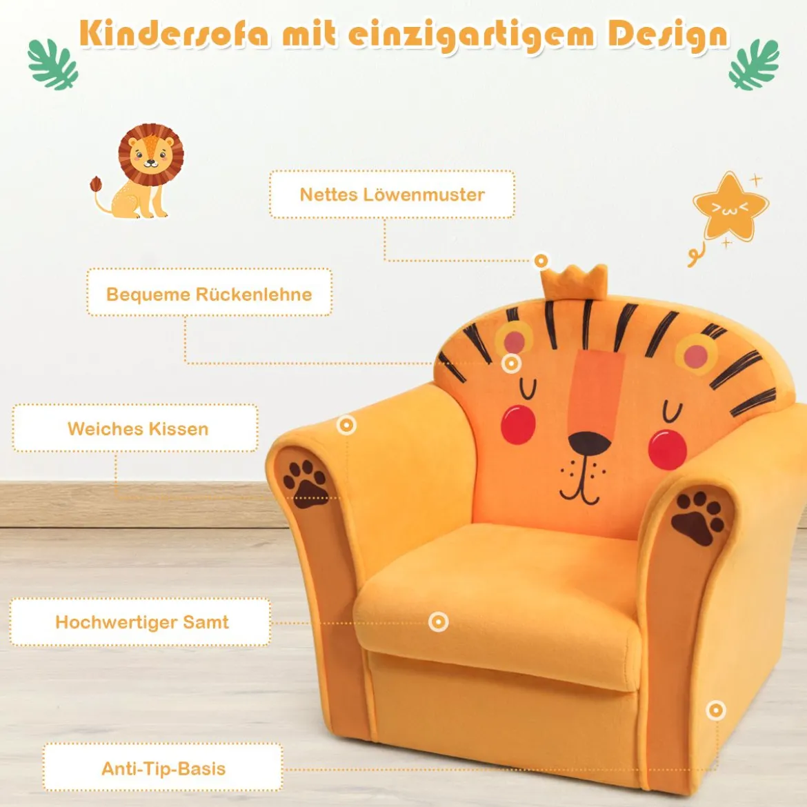 Kindersessel mit Löwen-Motiv Kindersessel mit Holzrahmen 51 x 37,5 x 44 cm Orange