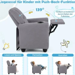 Kindersessel mit Relaxfunktion & Verstellbarer Rückenlehne & Fußstütze Kindersofa Grau