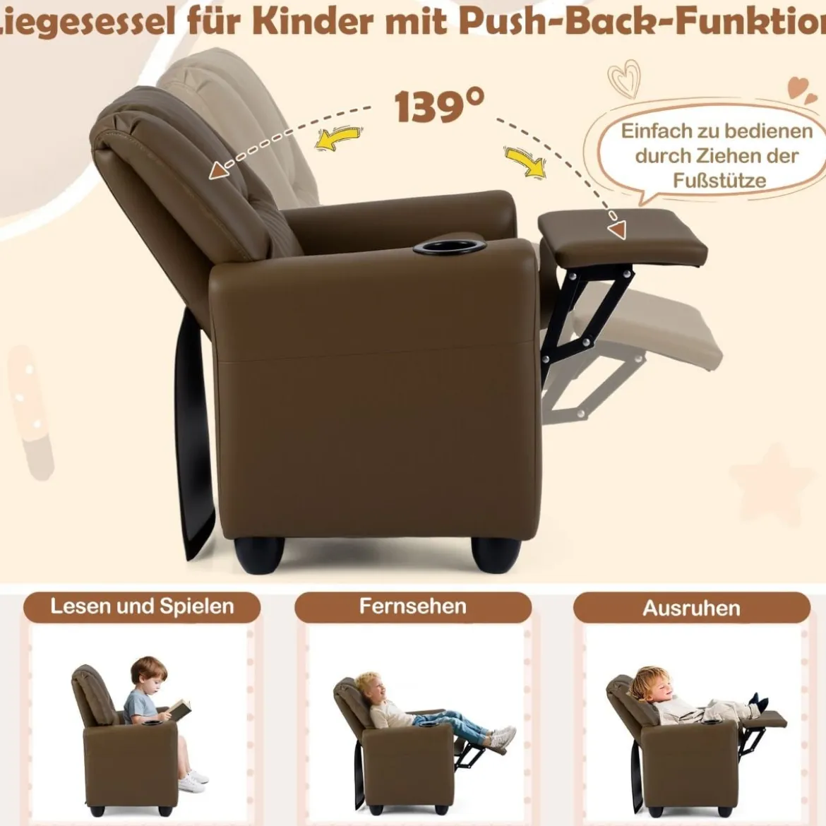Kindersessel mit Relaxfunktion & Verstellbarer Rückenlehne & Fußstütze Kindersofa Braun