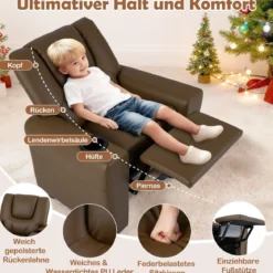 Kindersessel mit Relaxfunktion & Verstellbarer Rückenlehne & Fußstütze Kindersofa Braun