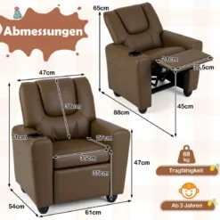 Kindersessel mit Relaxfunktion & Verstellbarer Rückenlehne & Fußstütze Kindersofa Braun