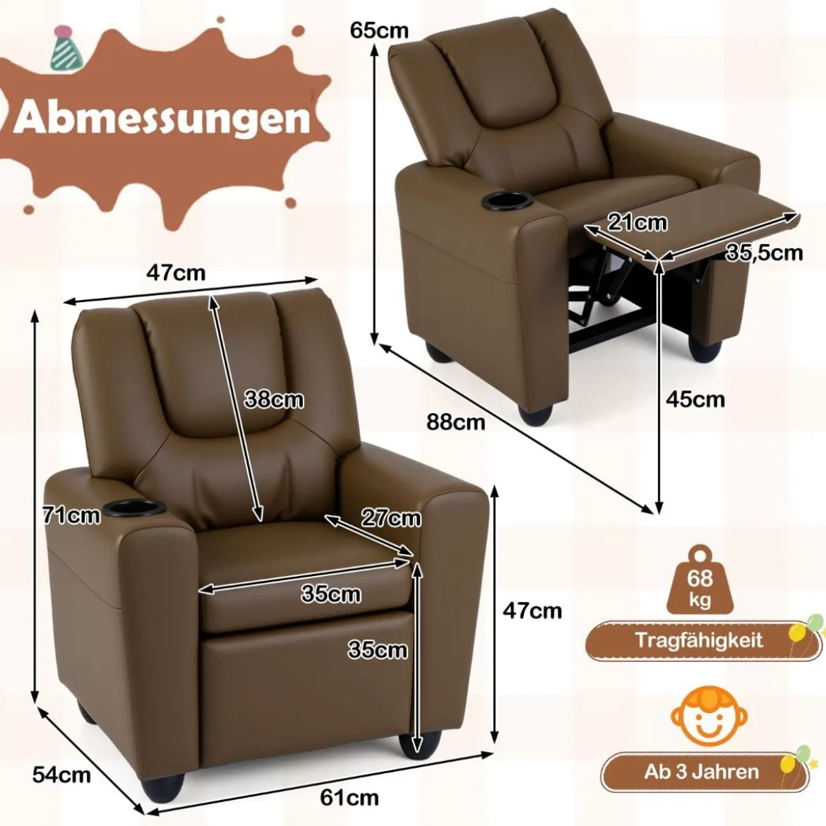Kindersessel mit Relaxfunktion & Verstellbarer Rückenlehne & Fußstütze Kindersofa Braun