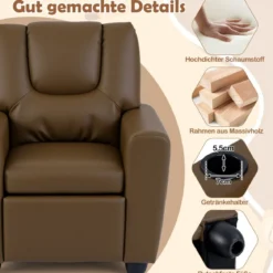 Kindersessel mit Relaxfunktion & Verstellbarer Rückenlehne & Fußstütze Kindersofa Braun