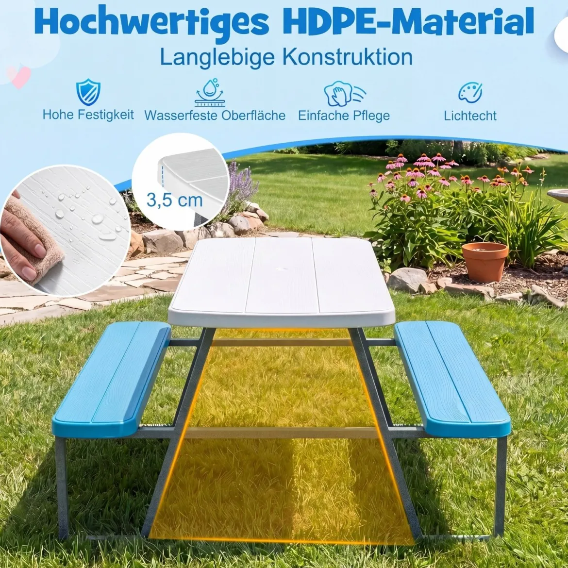 Kindersitzgruppe aus HDPE Kinder Picknicktisch mit 2 Bänken und Höhenverstellbarem & Abnehmbarem Sonnenschirm