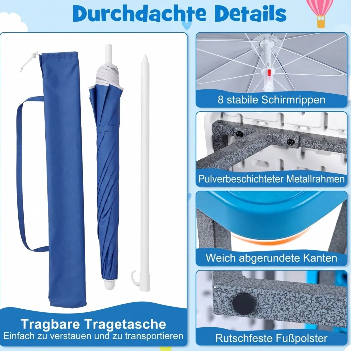 Kindersitzgruppe aus HDPE Kinder Picknicktisch mit 2 Bänken und Höhenverstellbarem & Abnehmbarem Sonnenschirm